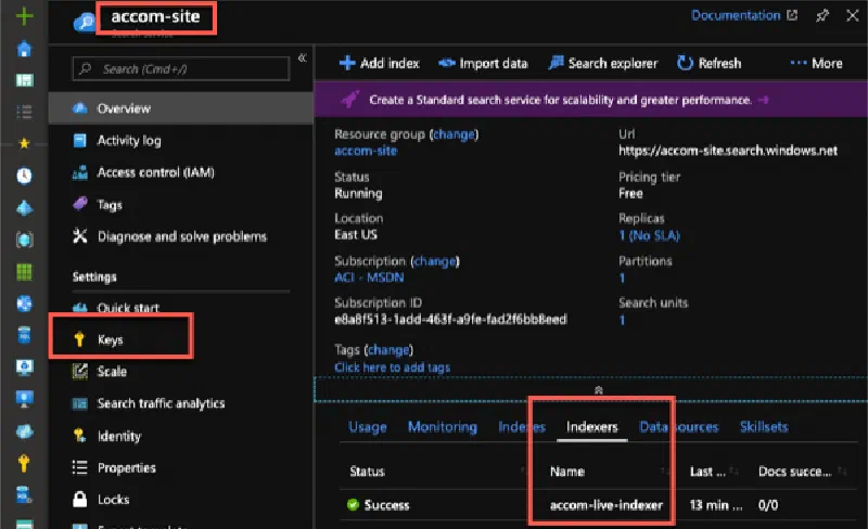 Azure Search instance details