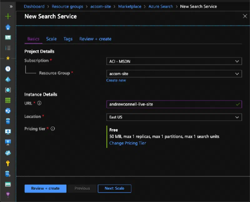 Create new Azure Search resource