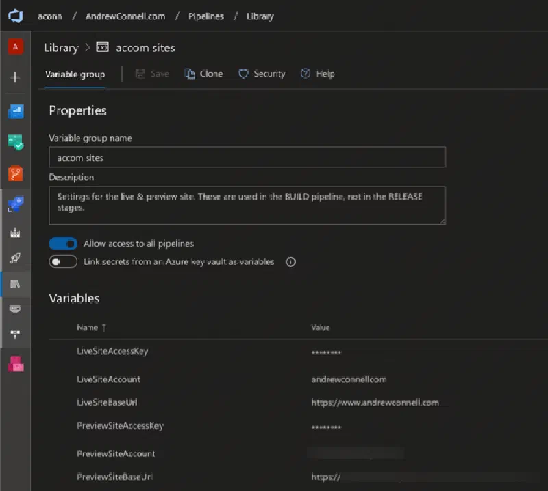 Azure DevOps Pipeline Library properties Azure DevOps Pipeline Library properties
