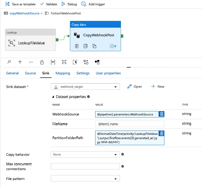 Specifying the target location, 'Sink', for the CopyData activity Specifying the target location, 'Sink', for the CopyData activity