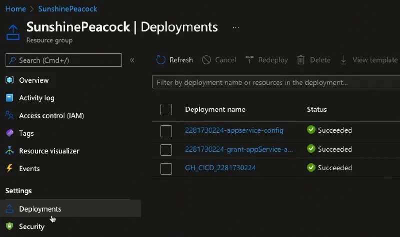 Deployments created from executing the Bicep file main.bicep from the workflow Deployments created from executing the Bicep file main.bicep from the workflow