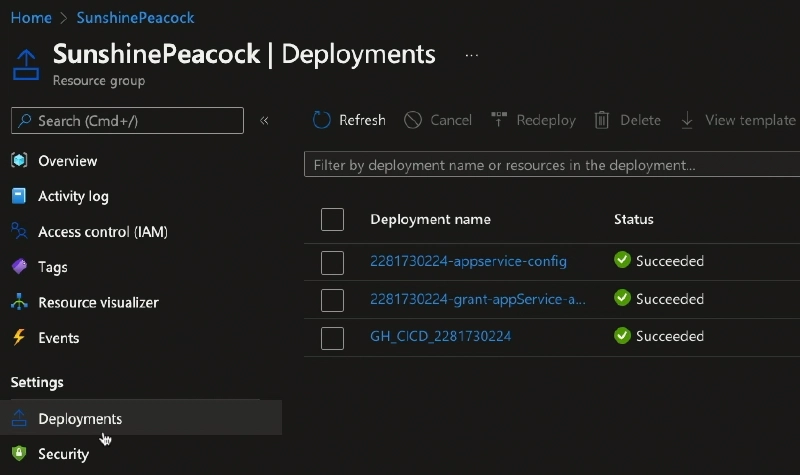 Deployments created from executing the Bicep file main.bicep from the workflow Deployments created from executing the Bicep file main.bicep from the workflow