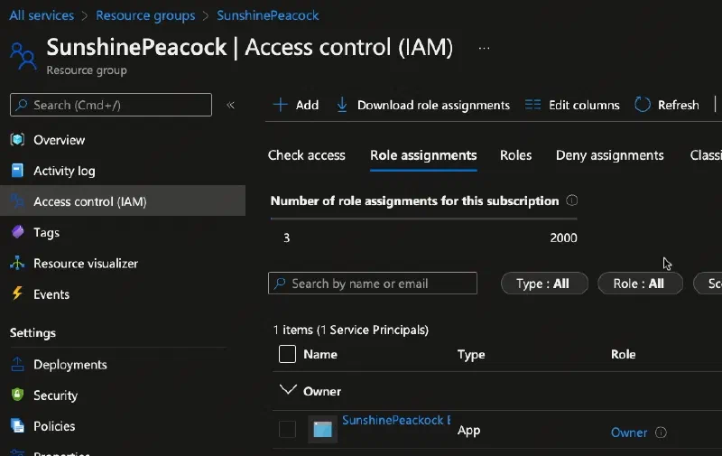 RBAC configuration granting the Entra ID app owner rights over the resource group RBAC configuration granting the Entra ID app owner rights over the resource group