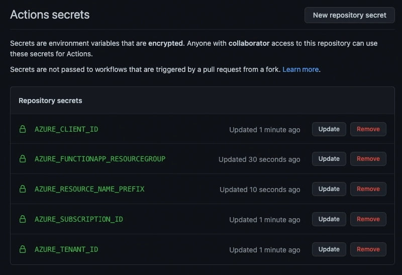 Github repo secrets for Entra ID authentication & where to provision Azure resources Github repo secrets for Entra ID authentication & where to provision Azure resources