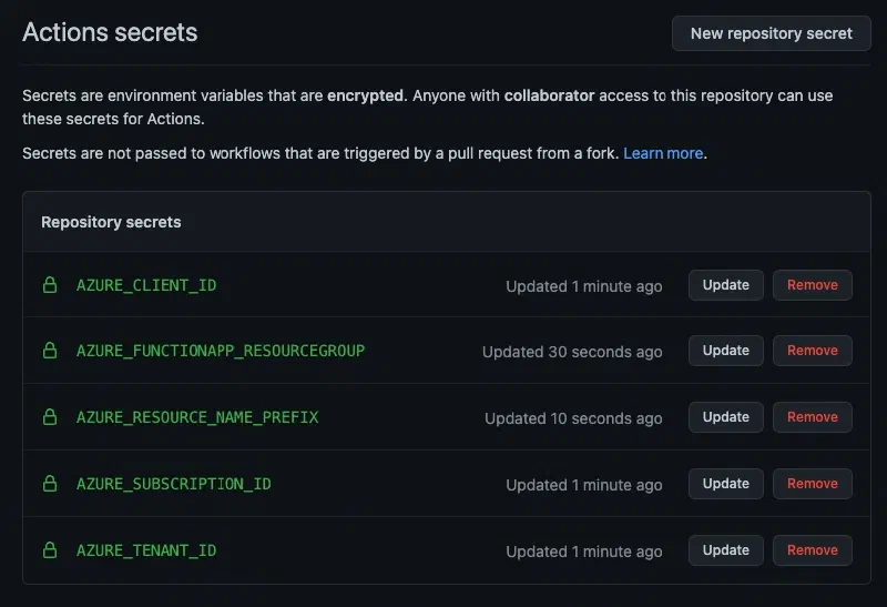Github repo secrets for Entra ID authentication & where to provision Azure resources Github repo secrets for Entra ID authentication & where to provision Azure resources