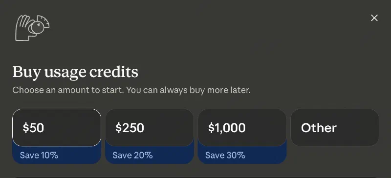 The Claude Code credits purchase dialog showing available credit bundles with discounted pricing.