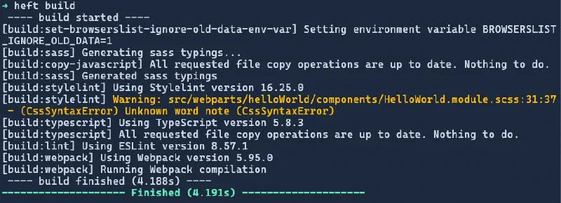 Running the stylelint as part of the **build** phase, writing it’s findings to the console Running the stylelint as part of the **build** phase, writing it’s findings to the console