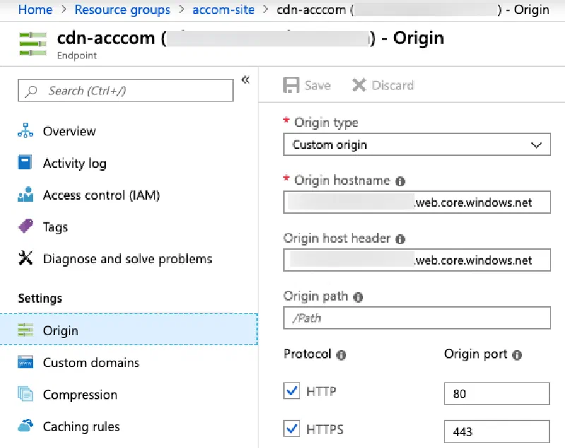 Azure CDN Endpoint Origin settings