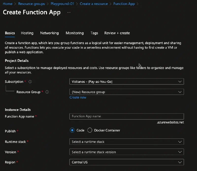 Azure Portal - create Azure Function App Azure Portal - create Azure Function App
