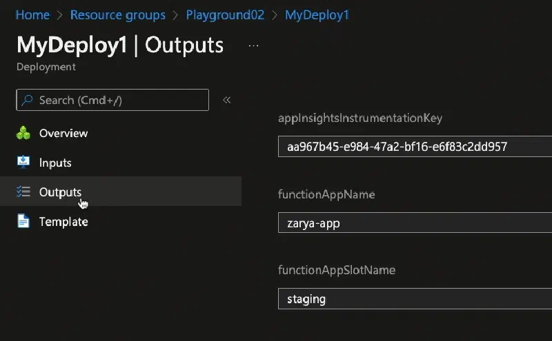 Azure Portal - deployment outputs Azure Portal - deployment outputs