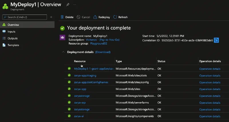 Azure Portal - deployment summary Azure Portal - deployment summary