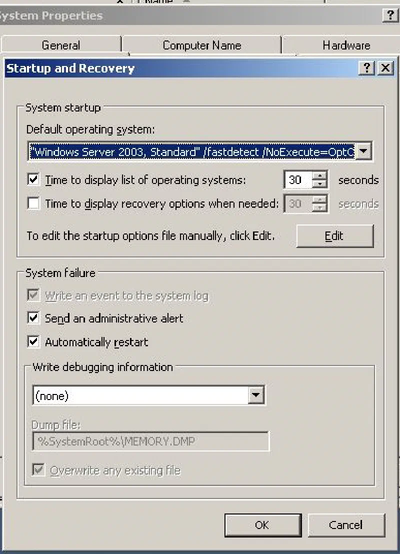 System Properties - Startup and Recovery