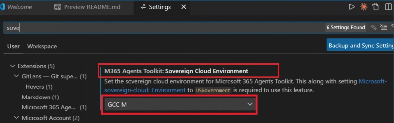 VS Code settings showing Sovereign Cloud Environment dropdown set to GCC M VS Code settings showing Sovereign Cloud Environment dropdown set to GCC M
