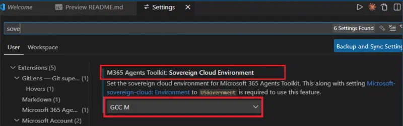 VS Code settings showing Sovereign Cloud Environment dropdown set to GCC M VS Code settings showing Sovereign Cloud Environment dropdown set to GCC M
