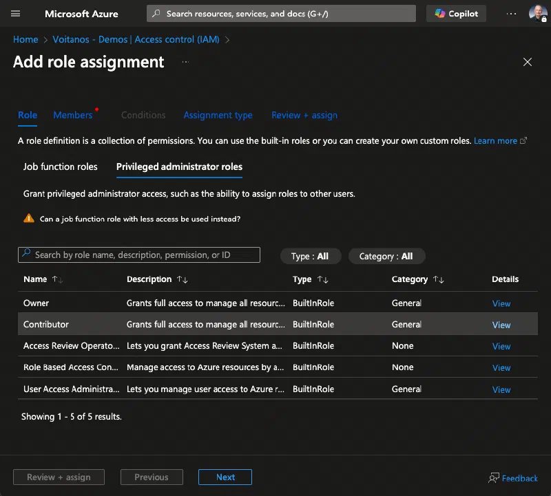 Select the Contributor role to grant a user in your Azure Subscription Select the Contributor role to grant a user in your Azure Subscription