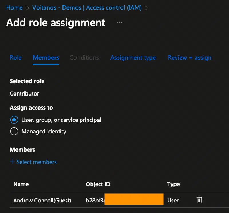 Select user to grant the Contributor role to a user Select user to grant the Contributor role to a user