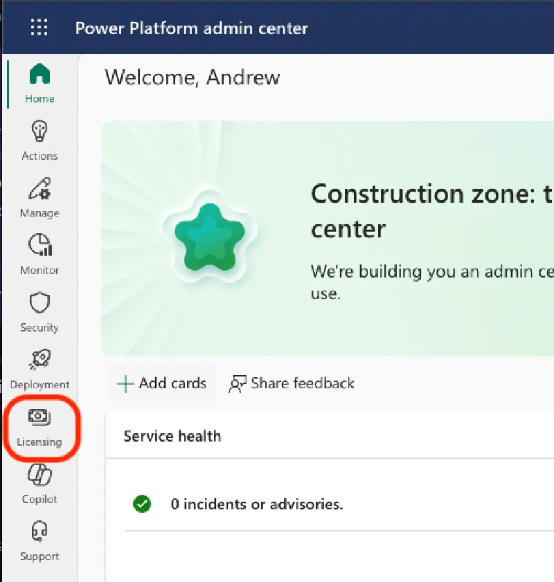 Select Licensing from the Power Platform admin center menu Select Licensing from the Power Platform admin center menu