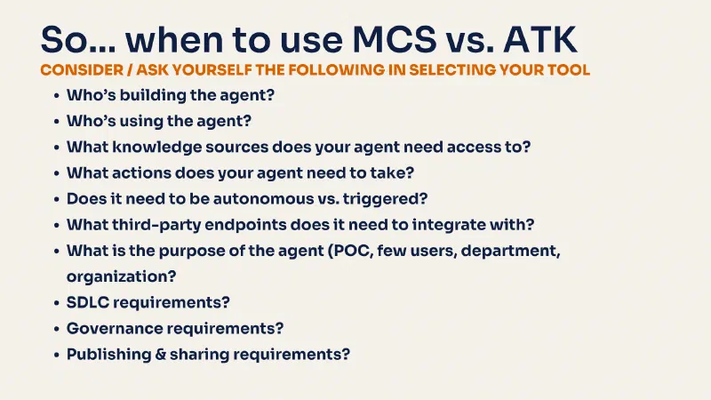 Decision framework for choosing a Microsoft 365 Copilot agent type covering builder persona, users, knowledge sources, actions, governance, and publishing Decision framework for choosing a Microsoft 365 Copilot agent type covering builder persona, users, knowledge sources, actions, governance, and publishing