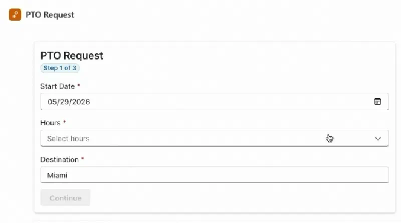 MCP App widget rendering a PTO request form with date picker, hours dropdown, and destination field inline in Microsoft 365 Copilot chat MCP App widget rendering a PTO request form with date picker, hours dropdown, and destination field inline in Microsoft 365 Copilot chat