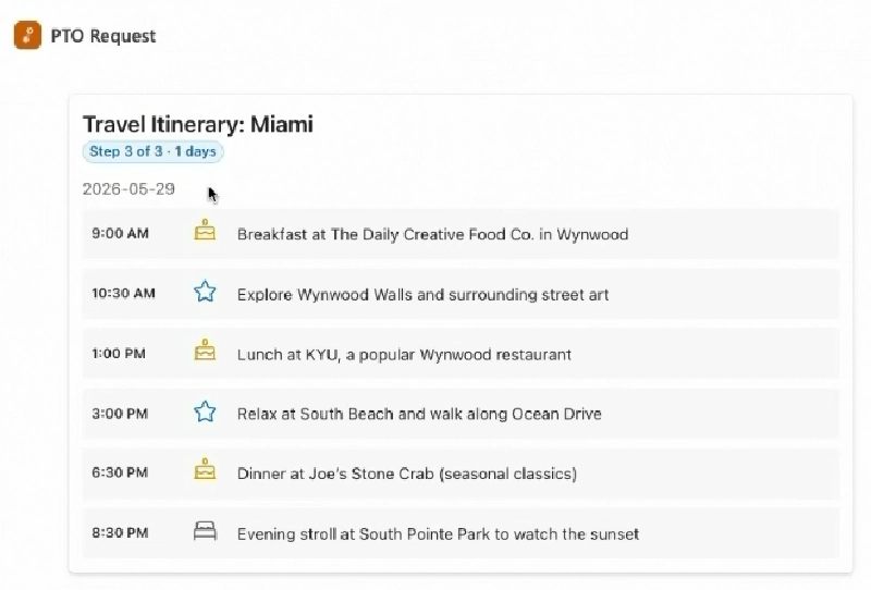 MCP App widget displaying a suggested trip itinerary as a visual card with a tab per day inline in Microsoft 365 Copilot chat MCP App widget displaying a suggested trip itinerary as a visual card with a tab per day inline in Microsoft 365 Copilot chat