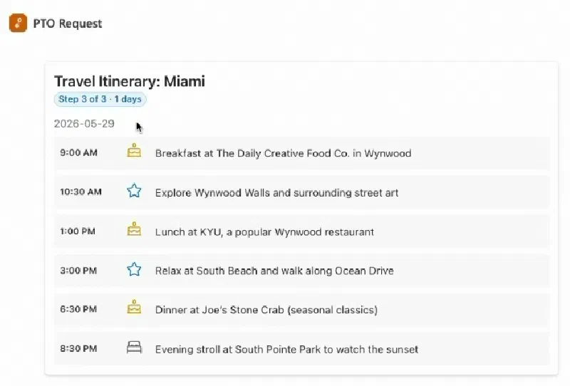 MCP App widget displaying a suggested trip itinerary as a visual card with a tab per day inline in Microsoft 365 Copilot chat MCP App widget displaying a suggested trip itinerary as a visual card with a tab per day inline in Microsoft 365 Copilot chat