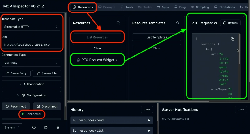 MCP Inspector Resources tab showing the PTO Request Widget resource, whose text property returns the full compiled widget HTML at the ui://pto-request/pto-request.html URI MCP Inspector Resources tab showing the PTO Request Widget resource, whose text property returns the full compiled widget HTML at the ui://pto-request/pto-request.html URI