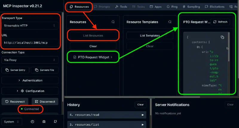MCP Inspector Resources tab showing the PTO Request Widget resource, whose text property returns the full compiled widget HTML at the ui://pto-request/pto-request.html URI MCP Inspector Resources tab showing the PTO Request Widget resource, whose text property returns the full compiled widget HTML at the ui://pto-request/pto-request.html URI