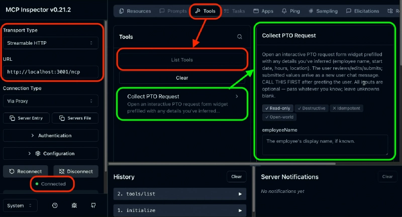 MCP Inspector Tools tab listing the collect-pto-request tool with its description, four optional input fields, and the _meta widget resource reference MCP Inspector Tools tab listing the collect-pto-request tool with its description, four optional input fields, and the _meta widget resource reference