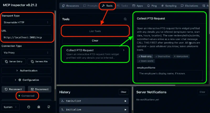 MCP Inspector Tools tab listing the collect-pto-request tool with its description, four optional input fields, and the _meta widget resource reference MCP Inspector Tools tab listing the collect-pto-request tool with its description, four optional input fields, and the _meta widget resource reference