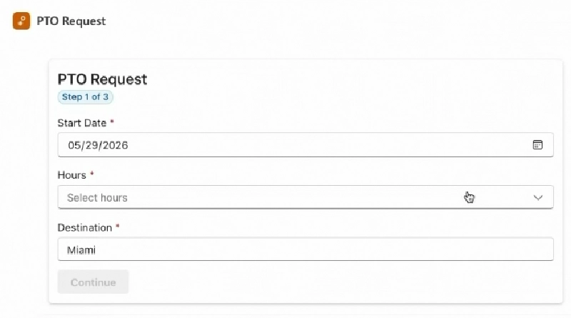MCP App PTO request form widget inside Microsoft 365 Copilot chat with fields for employee name, start date, hours, and location MCP App PTO request form widget inside Microsoft 365 Copilot chat with fields for employee name, start date, hours, and location