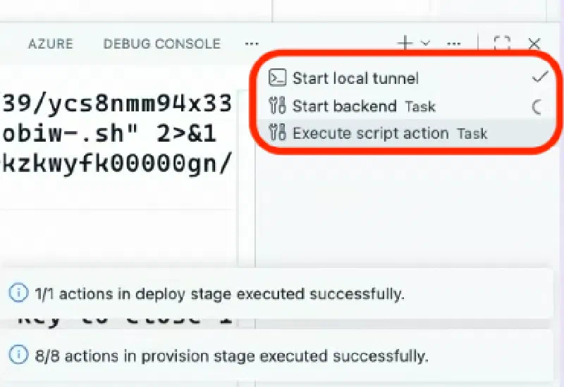 VS Code terminal panel during an F5 run, showing the Start local tunnel task, the Create resources provisioning output, and the Start backend task logging the PTO Request MCP server startup message