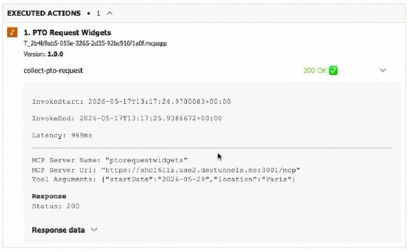 Copilot developer-mode agent debug info panel expanded, showing the collect-pto-request tool call with its arguments and reported latency Copilot developer-mode agent debug info panel expanded, showing the collect-pto-request tool call with its arguments and reported latency