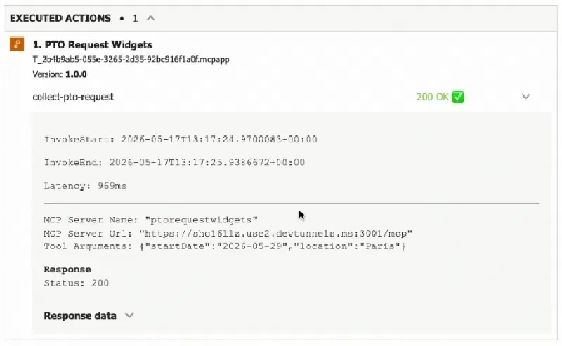 Copilot developer-mode agent debug info panel expanded, showing the collect-pto-request tool call with its arguments and reported latency
