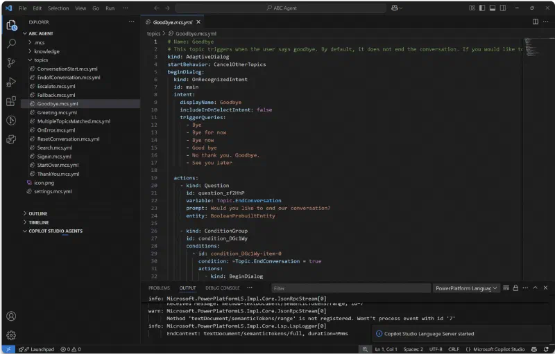 The Visual Studio Code extension for Copilot Studio editor. The Visual Studio Code extension for Copilot Studio editor.