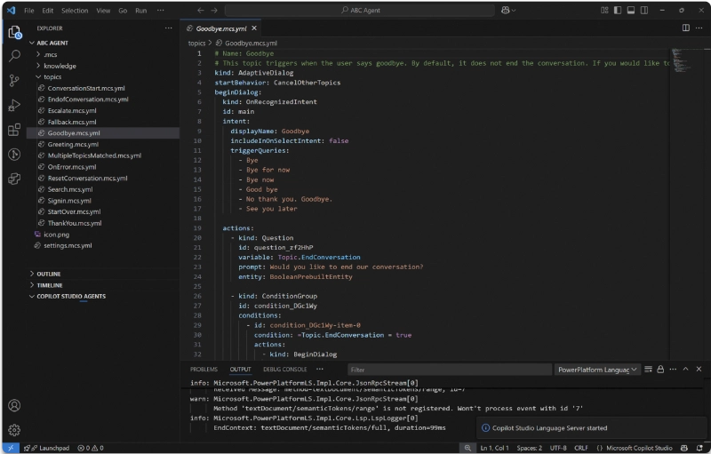 The Visual Studio Code extension for Copilot Studio editor. The Visual Studio Code extension for Copilot Studio editor.