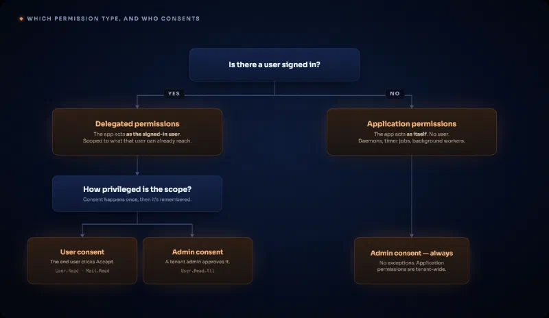 Decision tree starting from the question is there a user signed in. Yes leads to delegated permissions, where the app acts as the signed-in user, then to a second question about how privileged the scope is, branching to user consent for scopes like User.Read and Mail.Read, or admin consent for scopes like User.Read.All. No leads to application permissions, where the app acts as itself, which always requires admin consent