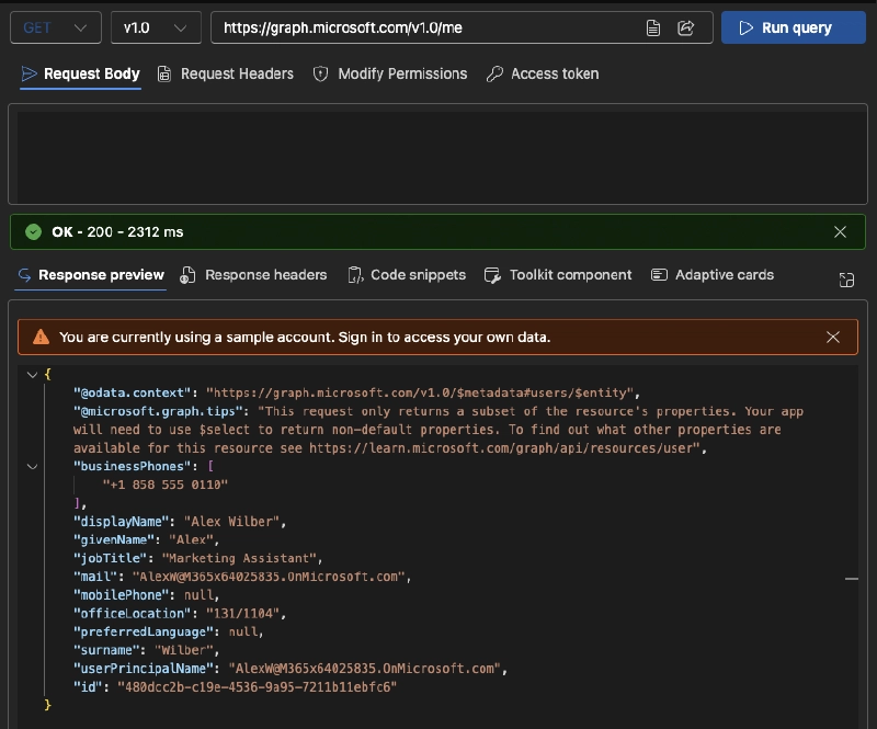 Microsoft Graph Explorer: testing the `/me` endpoint Microsoft Graph Explorer: testing the `/me` endpoint