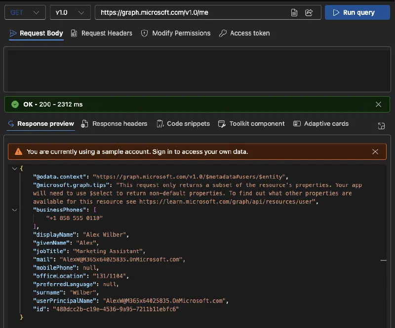 Microsoft Graph Explorer: testing the `/me` endpoint