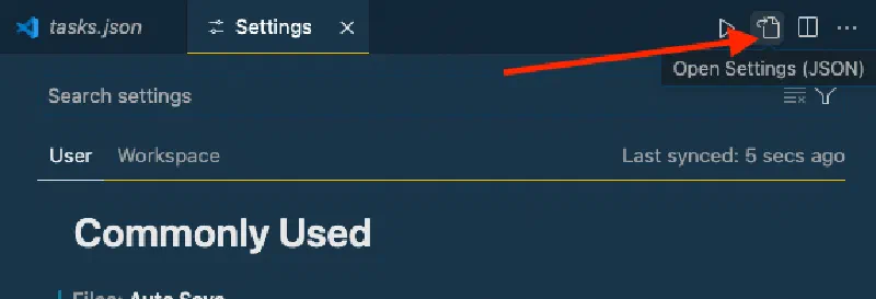 Open VS Code Settings in JSON view Open VS Code Settings in JSON view