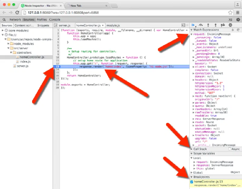 Node's debugging tools with node-inspector running Node's debugging tools with node-inspector running