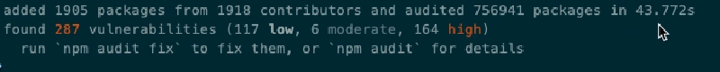 npm displaying list of vulnerabilities
