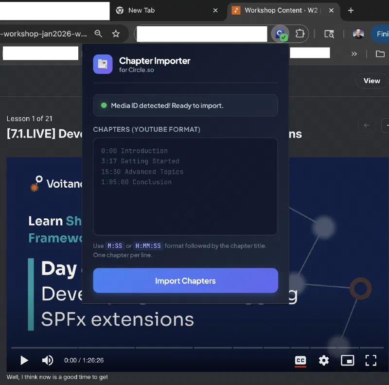 Custom Chrome extension UI showing the chapter timestamp import and quiz YAML upload interface for Circle.so