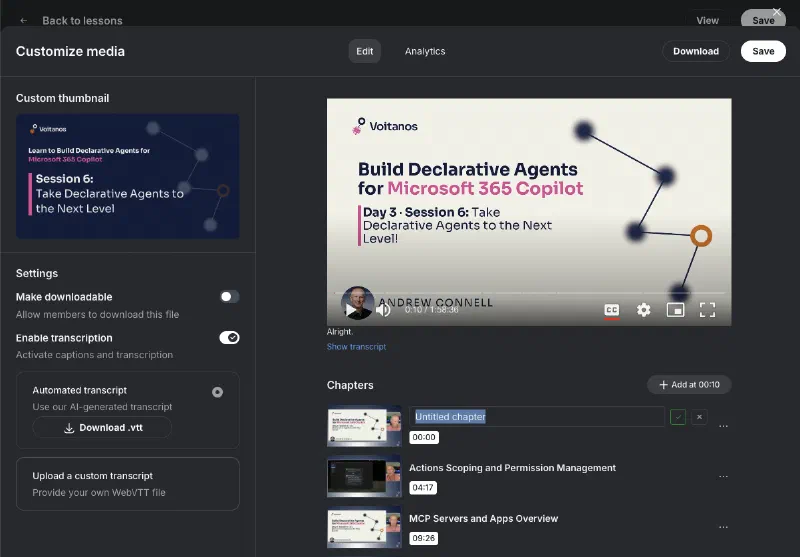 Circle.so video chapter editor showing the manual one-at-a-time timestamp entry UI with no bulk import option