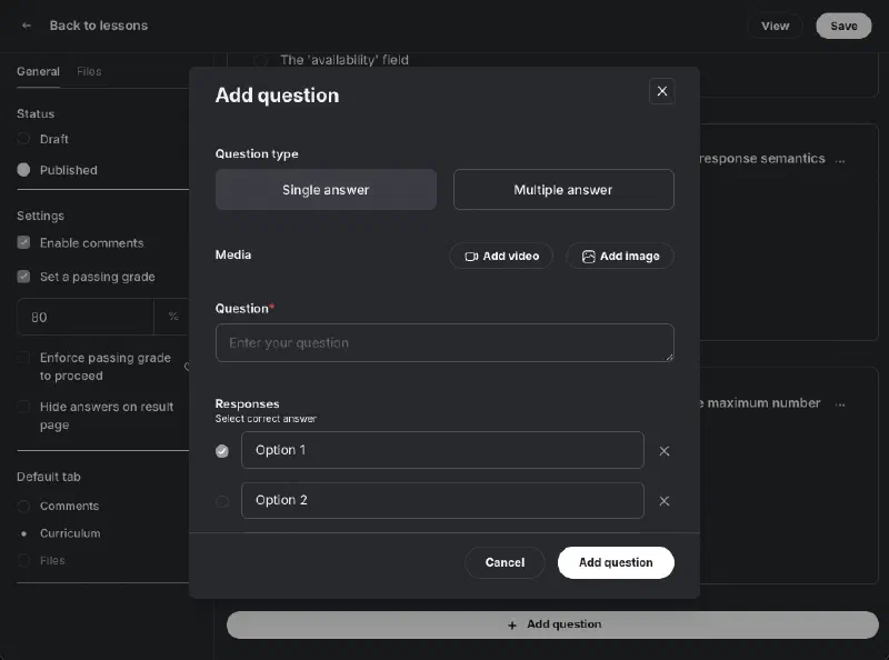 Circle.so quiz editor interface showing the step-by-step question and answer entry workflow