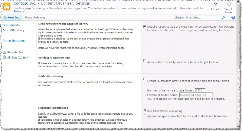 Content Organizer settings Content Organizer settings