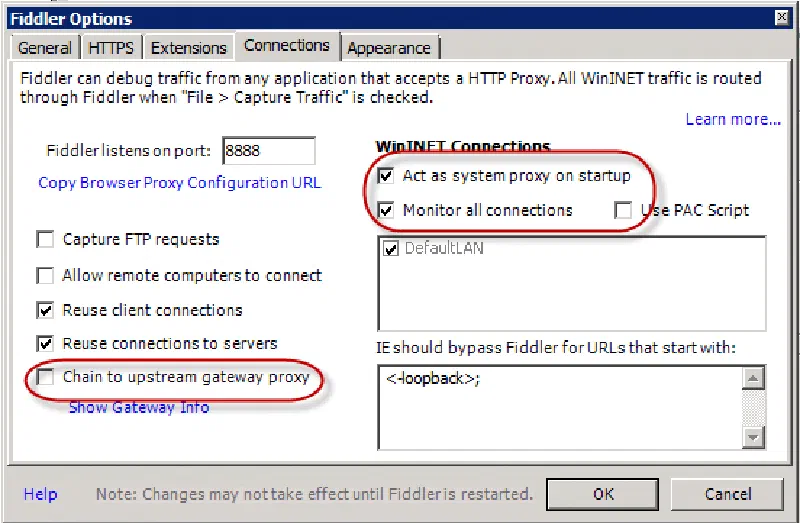 Fiddler Options > Connections dialog