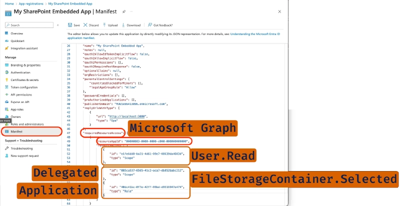 Manually adding app-only (application) & app+user (delegated) FileStorageContainer.Selected to Microsoft Graph