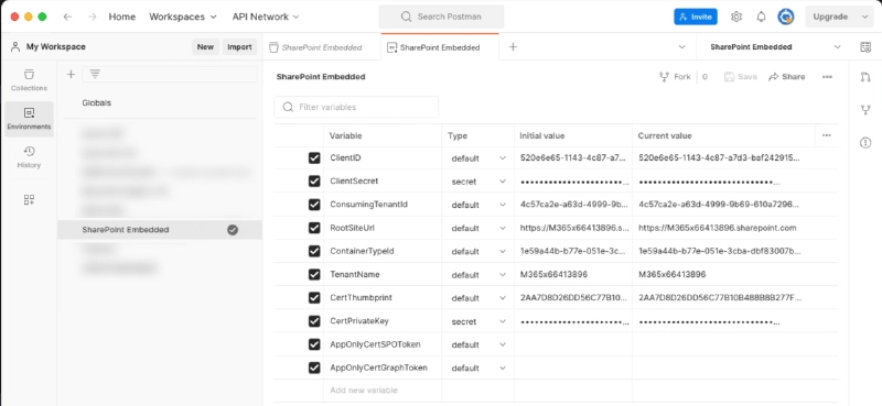 Postman environment values for the SharePoint Embedded collection