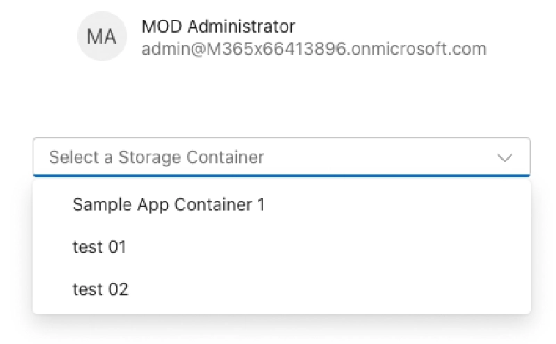 Screenshot of SharePoint Embedded containers in the SPA selector