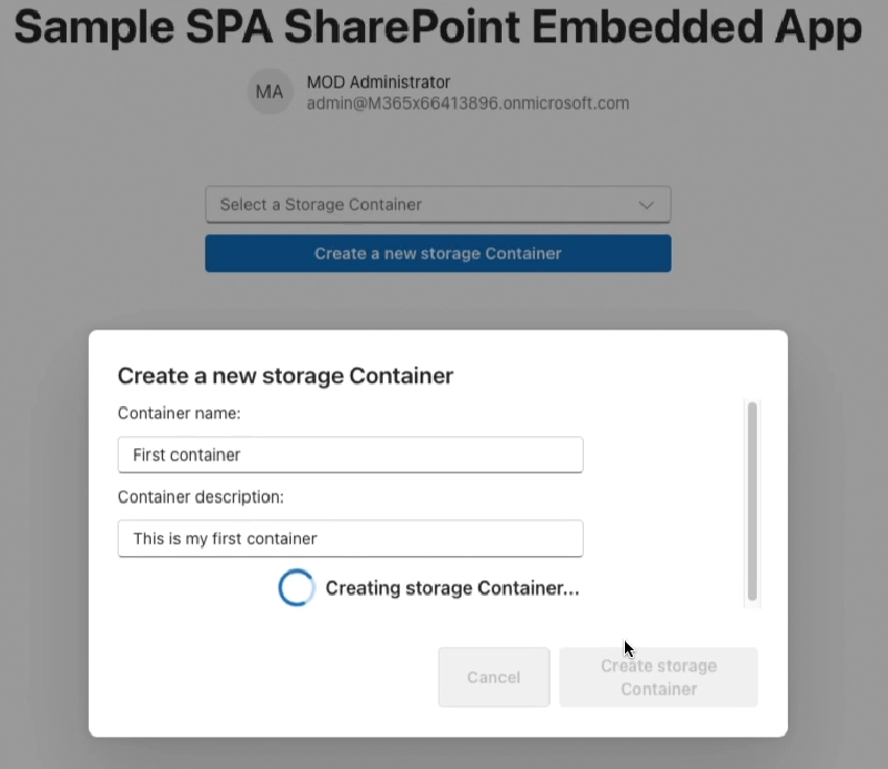 Creating a new SharePoint Embedded Container with the animated spinner control